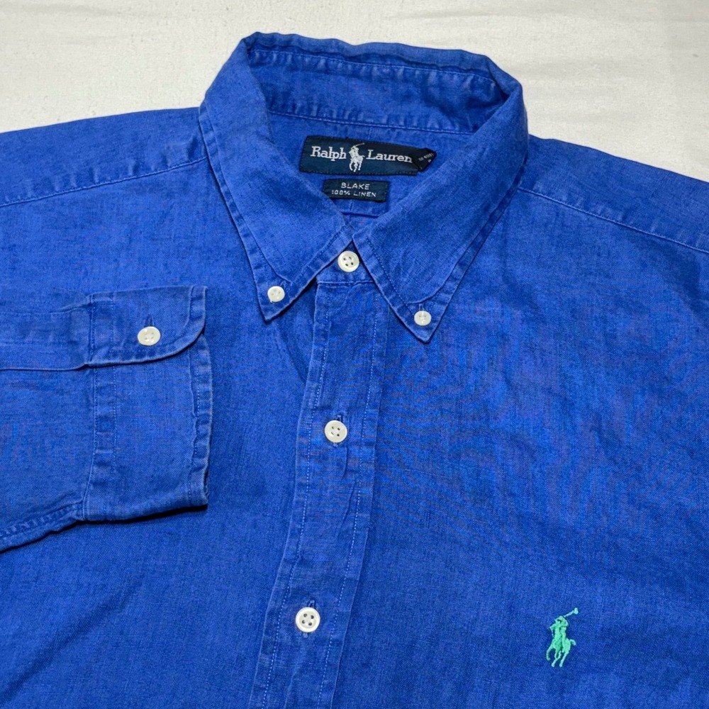 Ralph Lauren Blue Linen Button-Down Shirt with Green Pony
